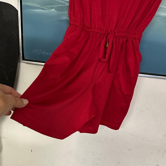 Red Short Sleeve Drawstring Romper with Rhinestone Logo - Picture 3 of 4